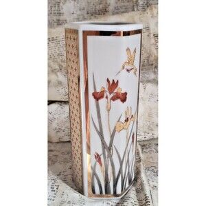 Vintage Golden Chokin Art Hexagonal Footed Vase with Gold and Metallic Trim